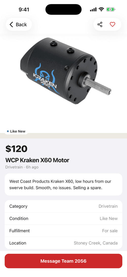 A part listing in the PITSTOP app