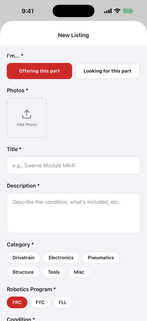 Posting a part for sale in the PITSTOP app